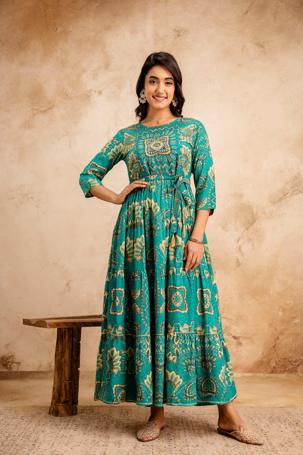 Hand-Block Printed Dress - Teal & Maroon