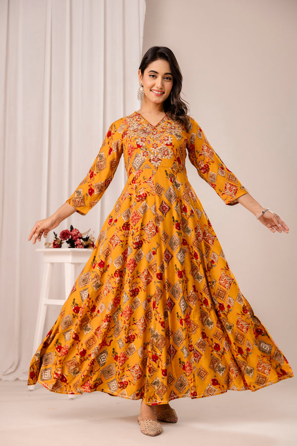 Mustard Floral Anarkali Dress