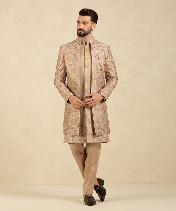 Brown Indo Western Embroidered Jacket with Kurta and Pants
