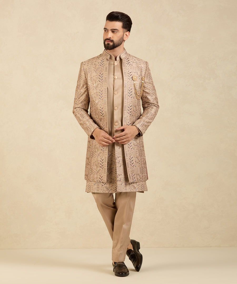 Brown Indo Western Embroidered Jacket with Kurta and Pants