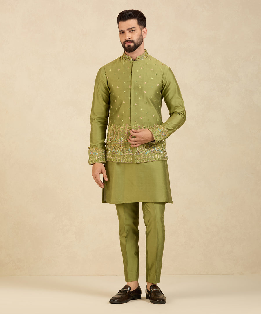 Green Embroidered Indo Vest Kurta Set