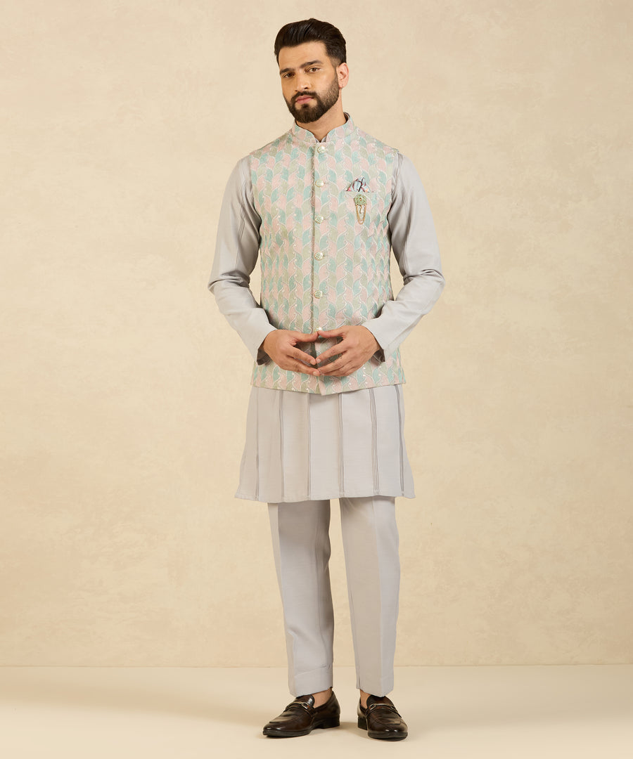 Pastel Wave Embroidered Grey Indo-Western Kurta Set