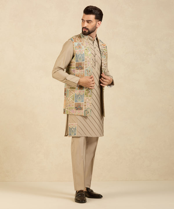 Beige Patchwork Embroidered Indo-Western Kurta Set