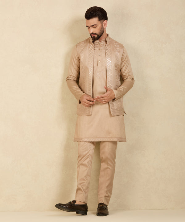 Caramel Brown Textured Border Indo-Western Kurta Set