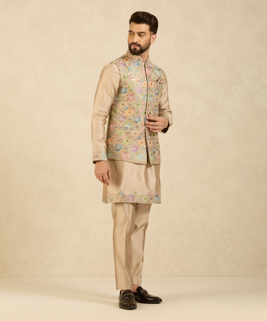 Beige Mosaic Embroidered Indo-Western Kurta Set
