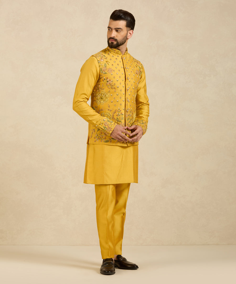 Mustard Yellow Embroidered Indo Vest Kurta Set