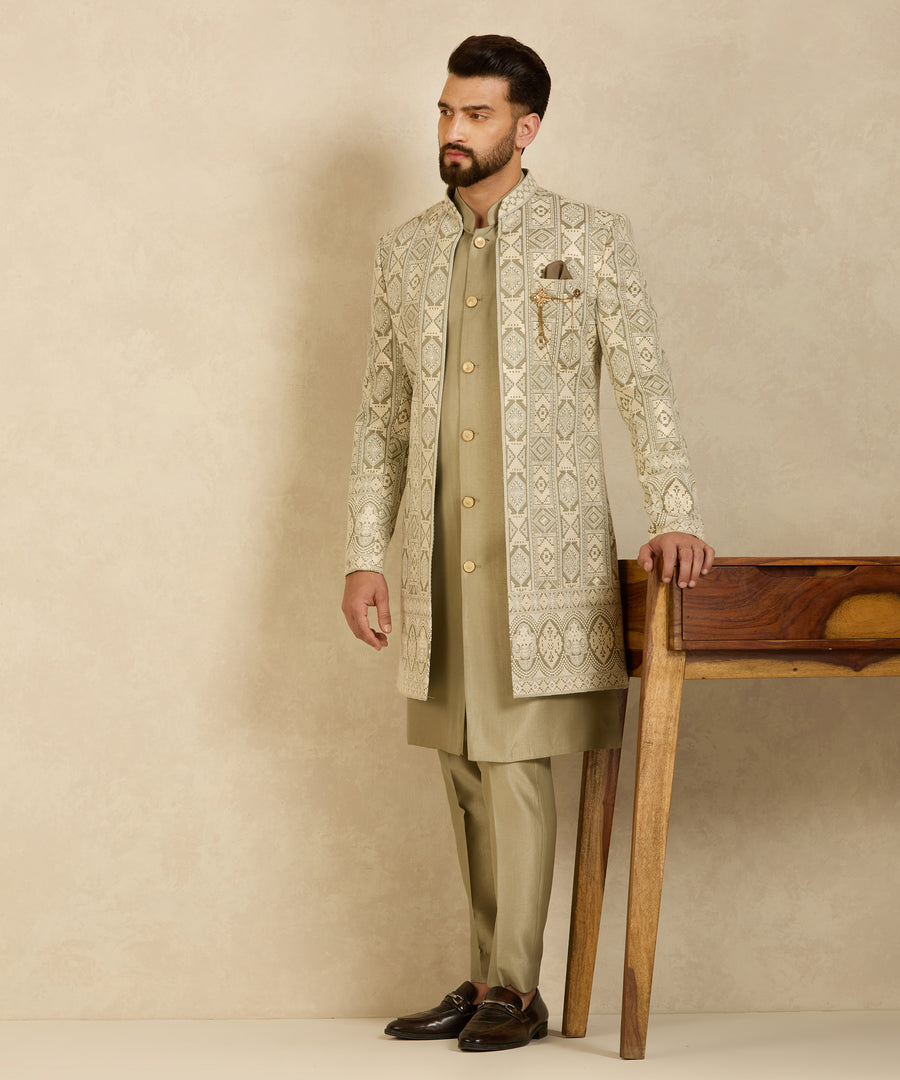 Green Embroidered Indo Western Jacket with Kurta Set
