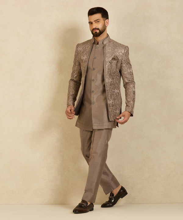 Taupe Brown Embroidered Indo Western Jacket with Kurta and Pants