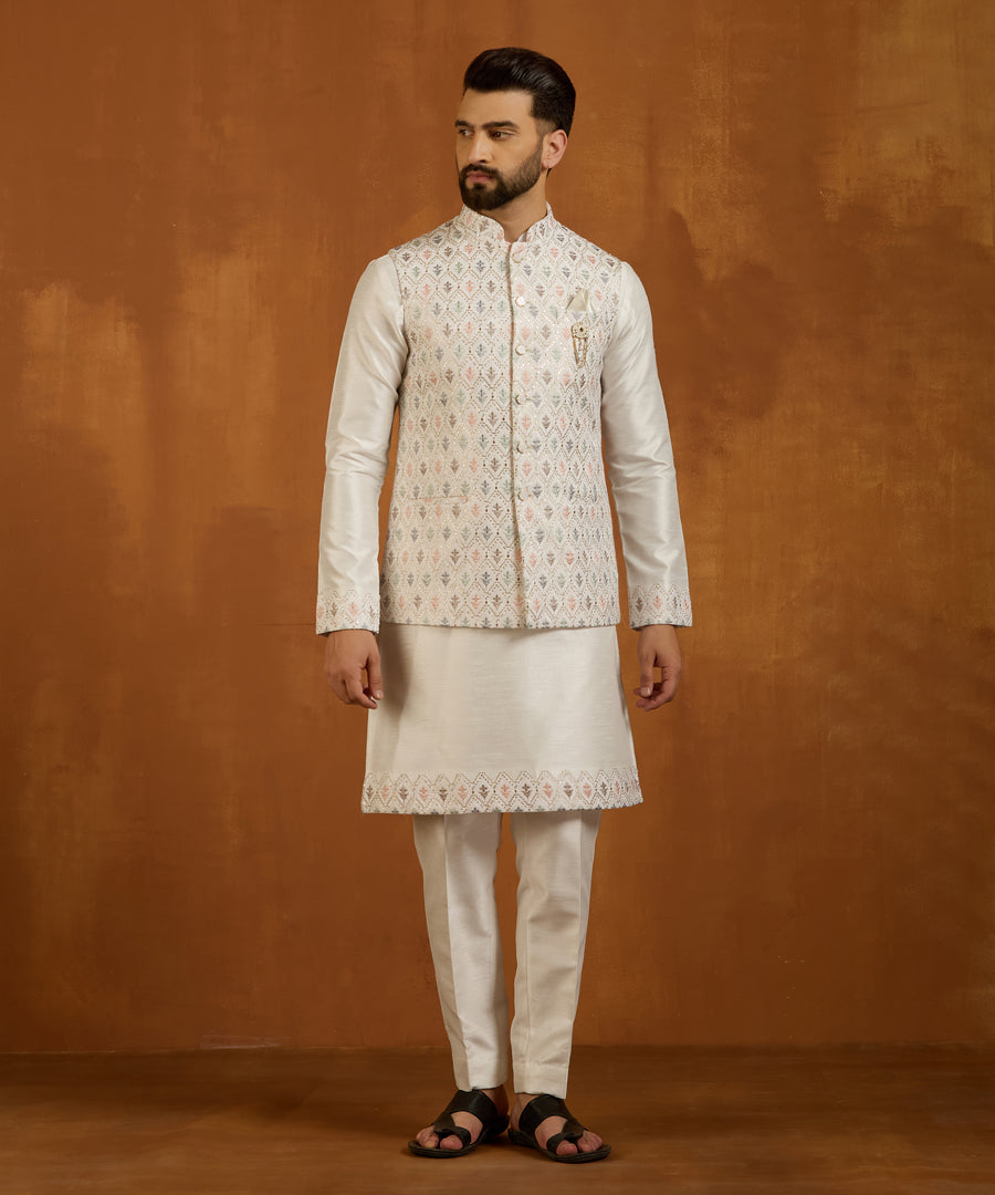 White Diamond Motif Embroidered Indo-Western Kurta Set