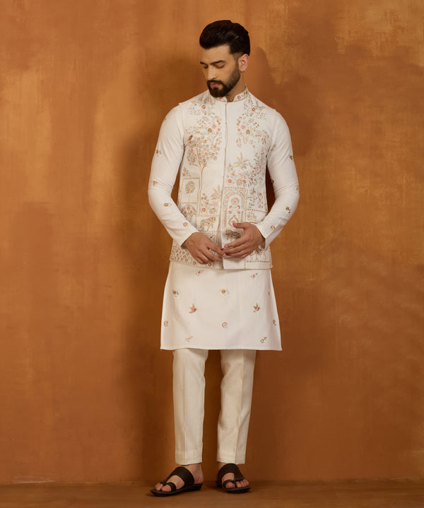 White Embroidered Indo Vest Kurta Set