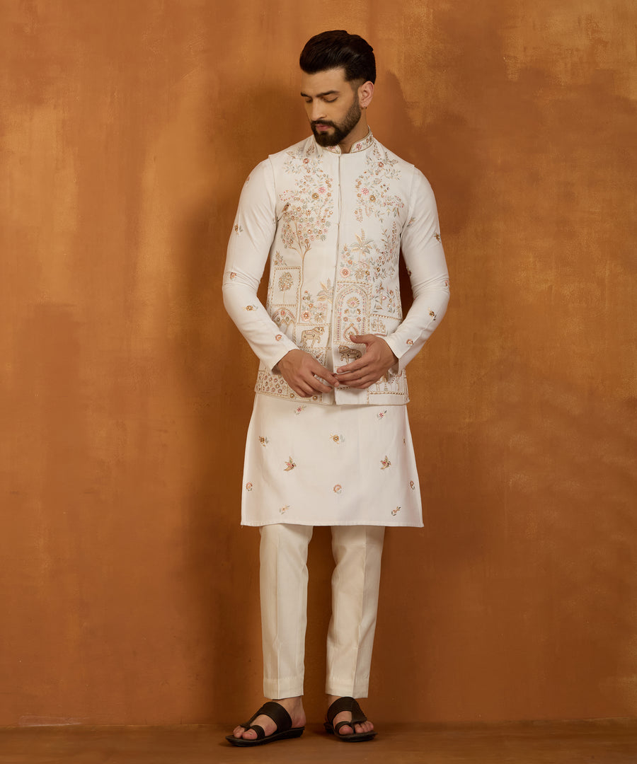 White Embroidered Indo Vest Kurta Set