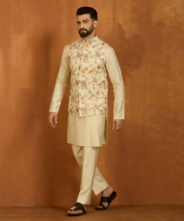 Beige Floral Sequin Embroidered Indo-Western Kurta Set