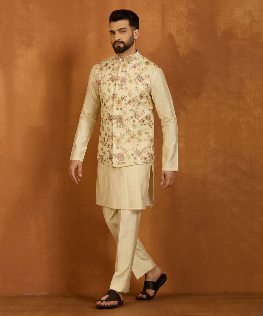 Beige Floral Sequin Embroidered Indo-Western Kurta Set