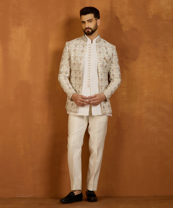 Beige Bloom Embroidered Indo western Set Short