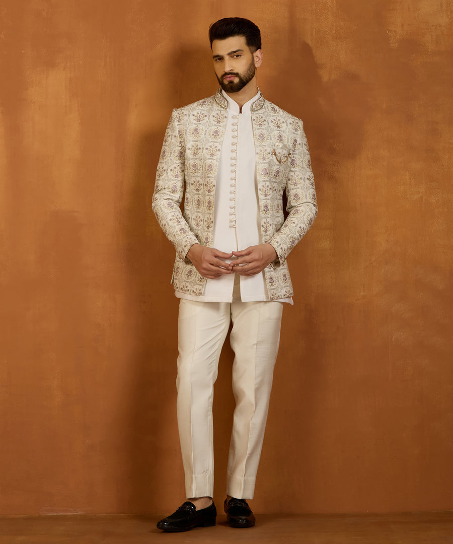 Beige Bloom Embroidered Indo western Set Short