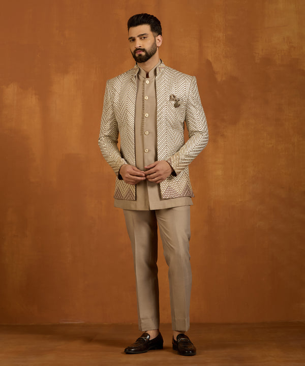 Golden Chevron Brown Indo Western Jacket with Kurta and Pants
