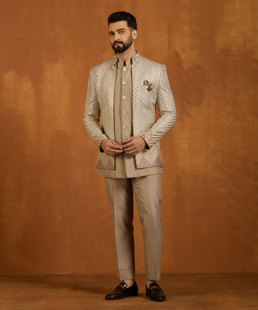 Golden Chevron Brown Indo Western Jacket with Kurta and Pants