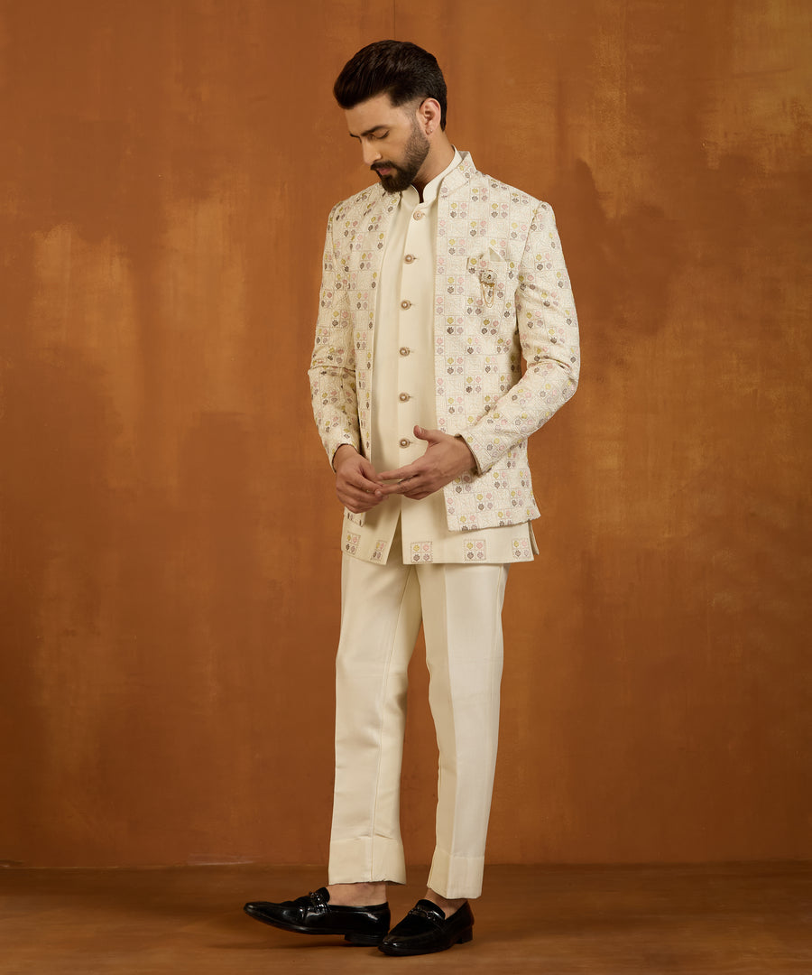 Beige Embroidered Short Indo Western jacket with kurta and pants