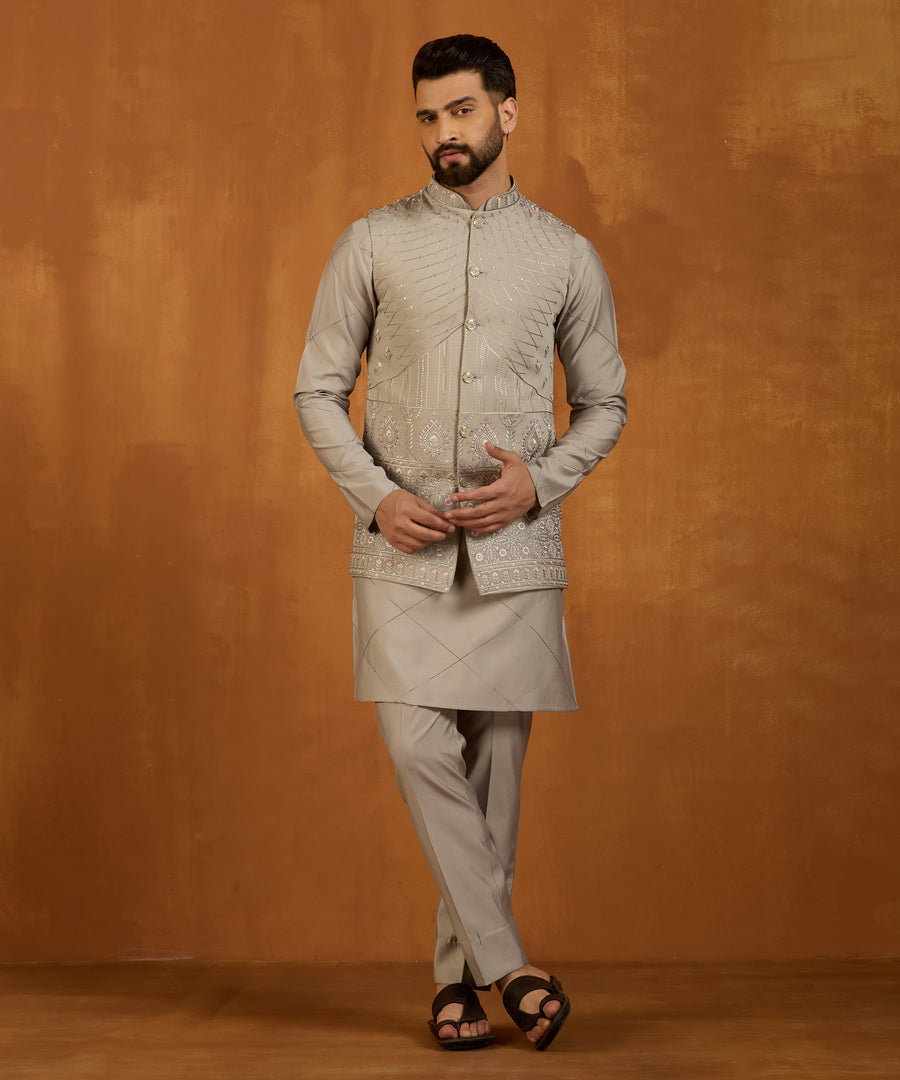 Ash Grey Geometric and Floral Embroidered Indo-Western Kurta Set