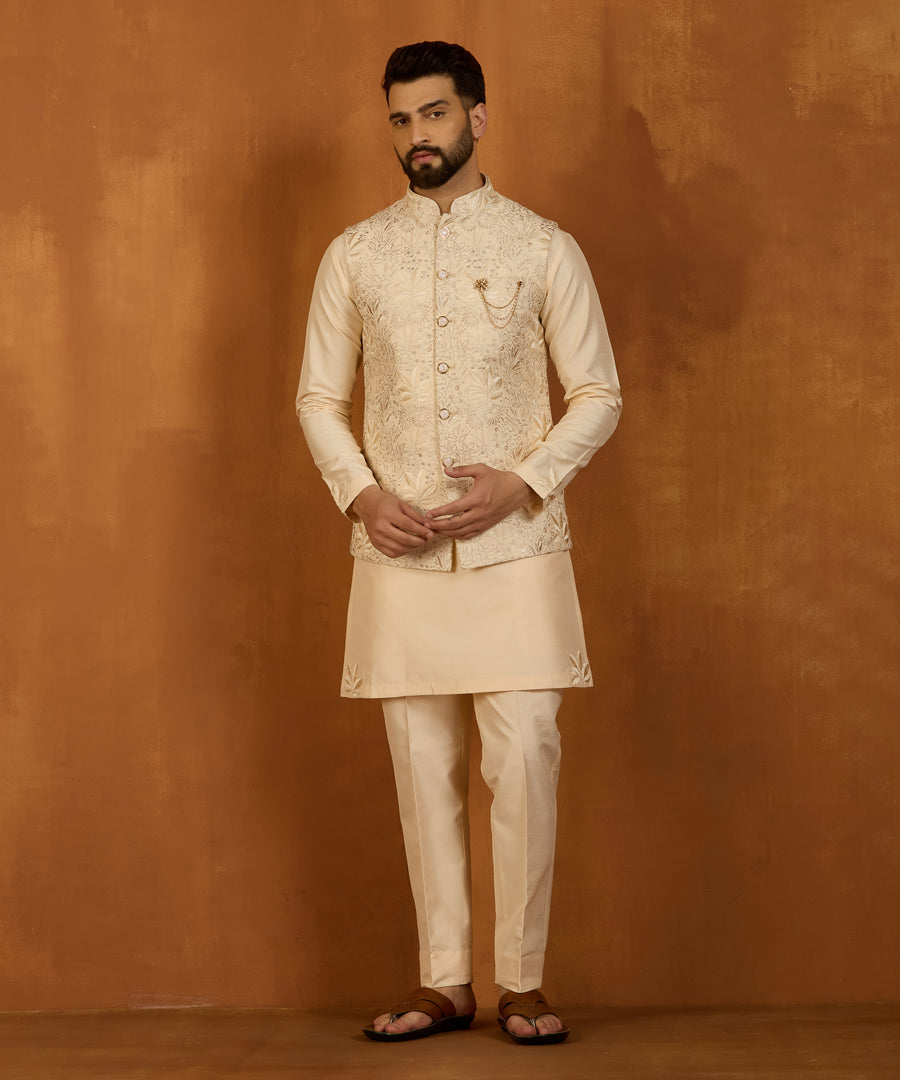 Beige Embroidered Indo-Western Kurta Set