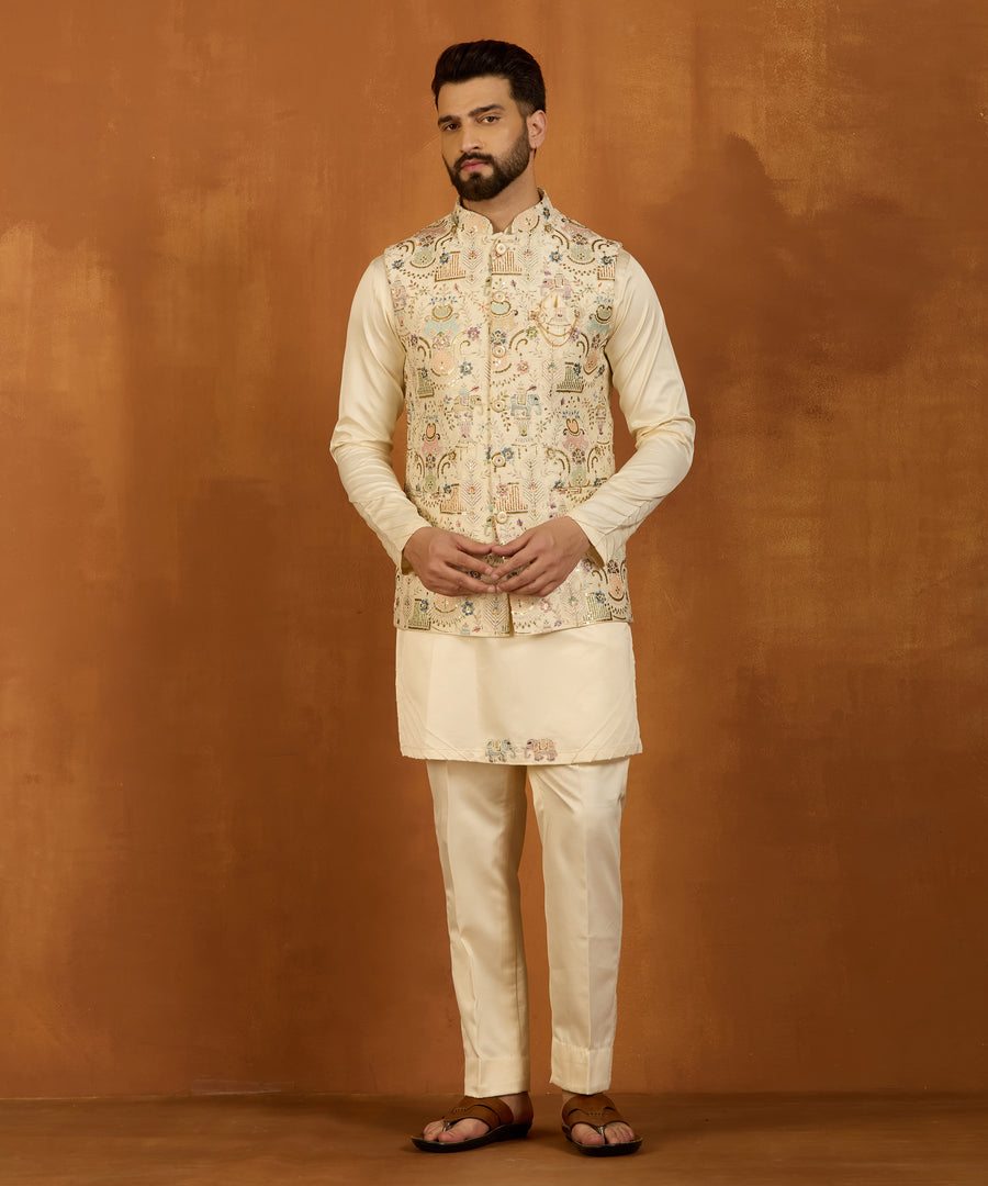 Beige Royal Embroidered Indo-Western Kurta Set