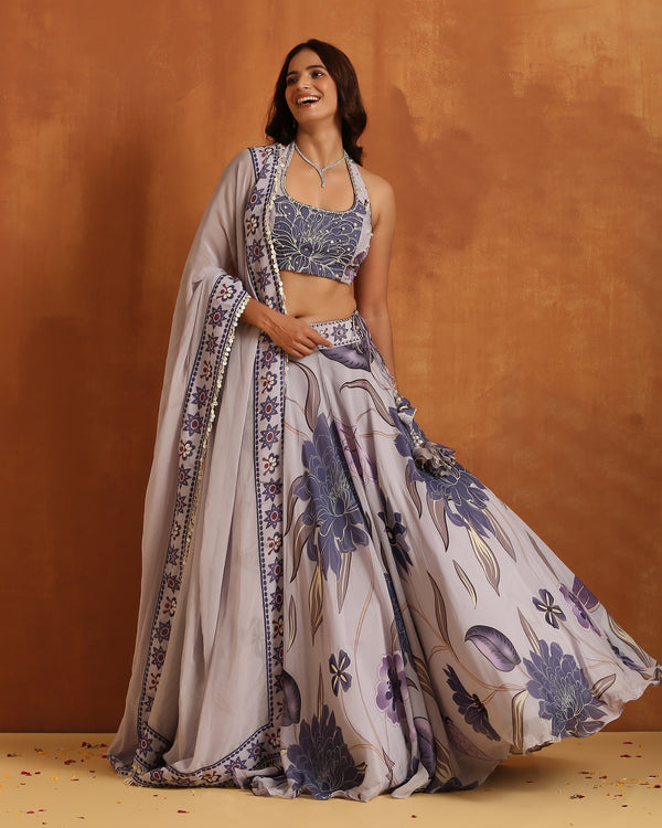 Ash Grey Floral Embroidered Lehenga with Dupatta
