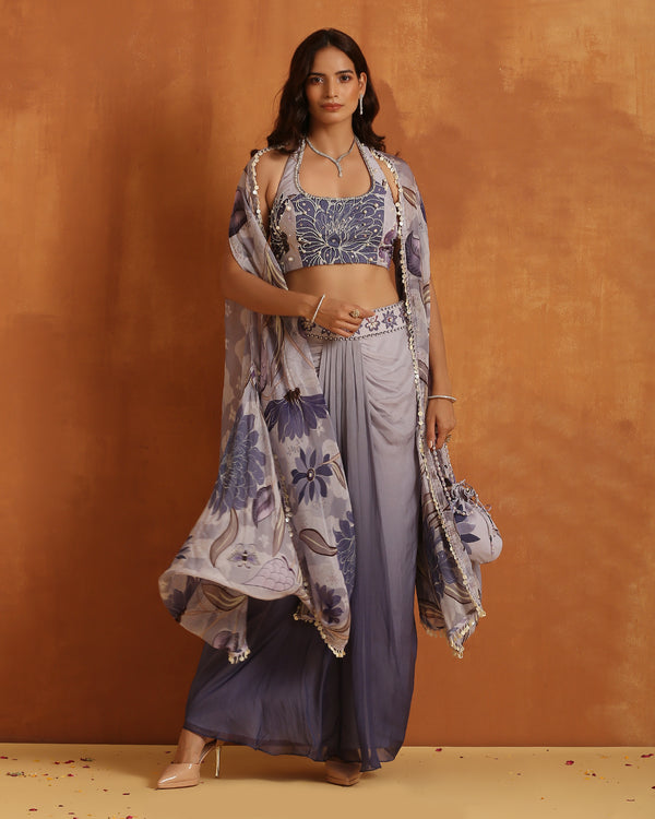 Ash Grey Bloom Indo-Western 3-Piece Set