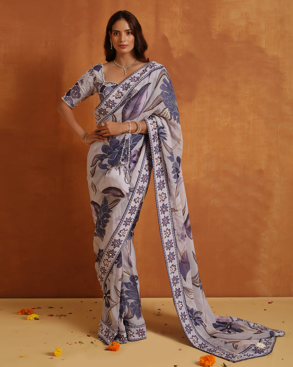 Grey Floral Print Saree with Matching Designer Blouse