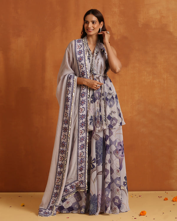 Ash Grey Floral Print Sharara Suit with Dupatta