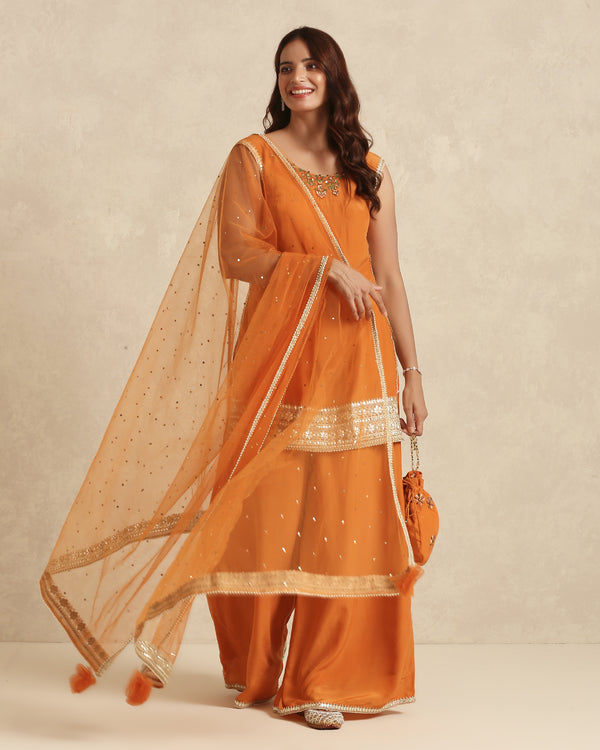 Orange Embroidered Pakistani Suit with Dupatta and Matching Potli