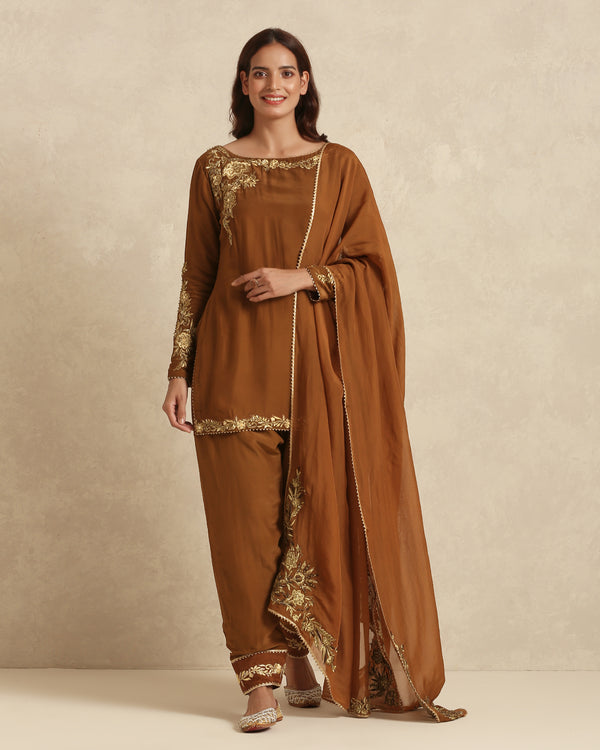 Chocolate Brown Embroidered Pakistani Suit with Dupatta