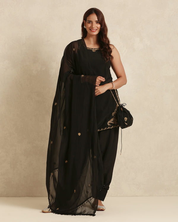 Black Embellished Pakistani Ensemble with Embroidered Dupatta