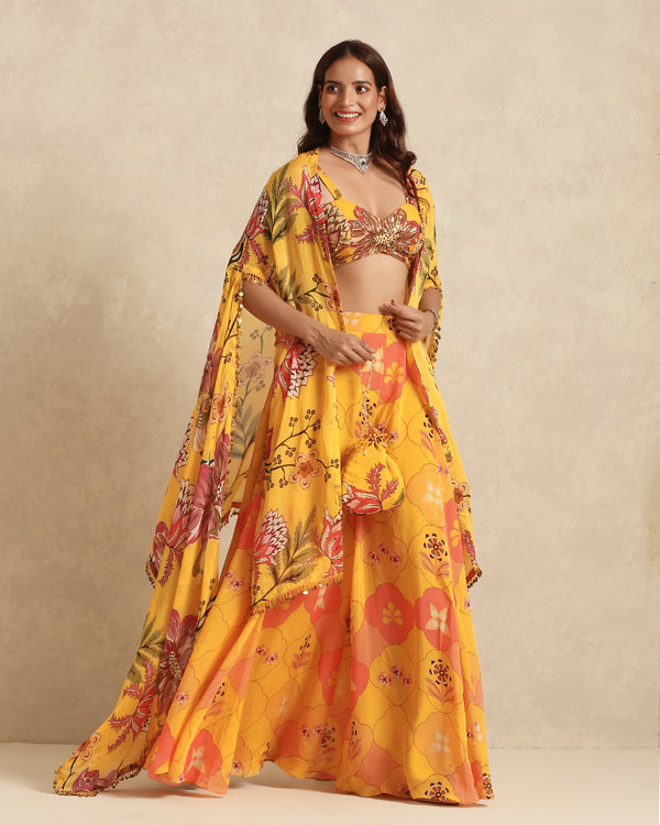 Mustard Floral Indo-Western Set with Flowy Pants & Cape