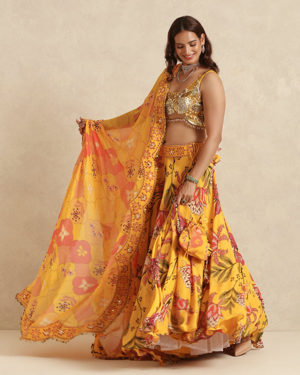 Mustard Yellow Floral Lehenga Set with Sequined Blouse & Printed Dupa