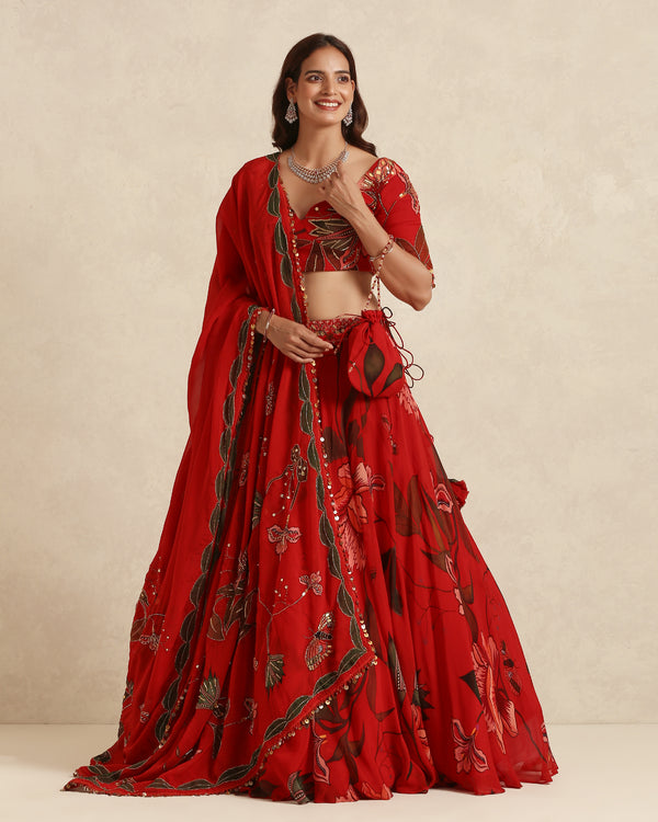 Red Floral Hand-Embroidered Lehenga Set with Dupatta