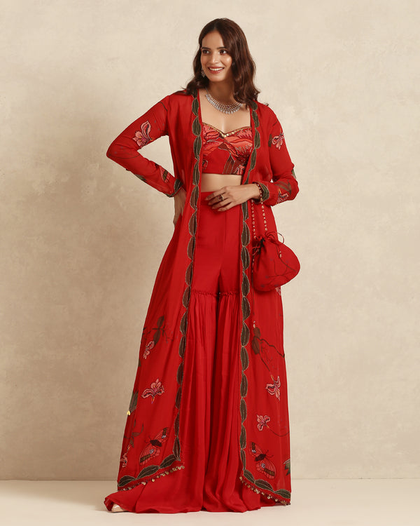 Red Indo-Western Sharara Set with Cape