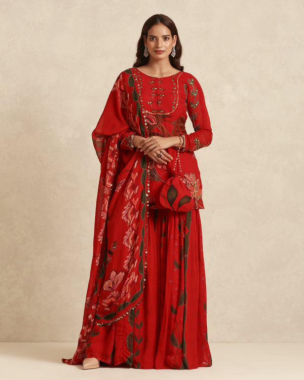 Red Floral Print Sharara Suit with Dupatta