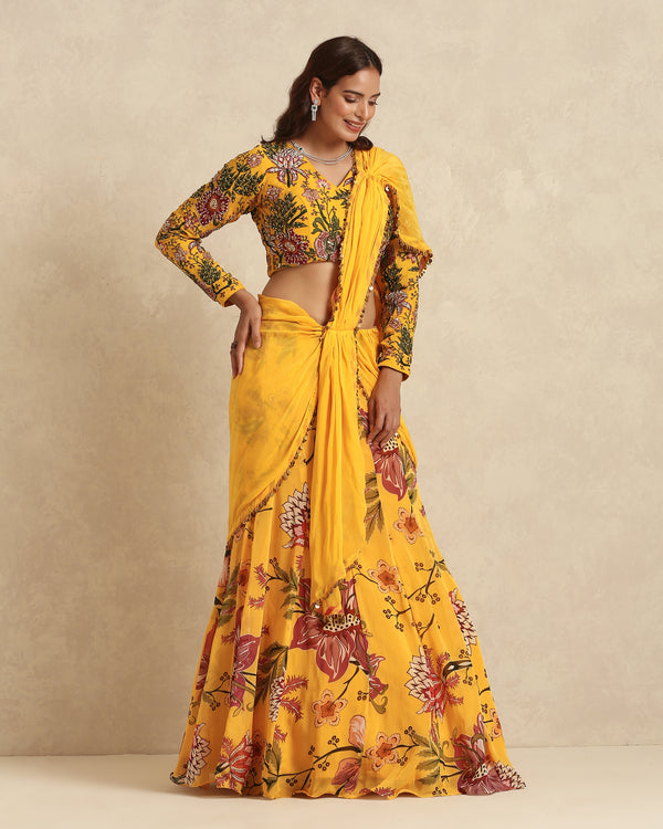 Mustard Floral Stitched Saree with Embroidered Blouse