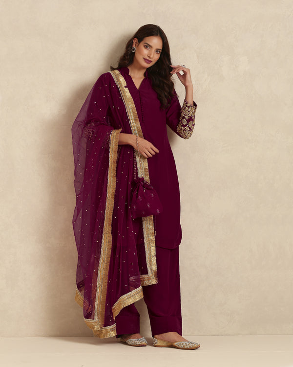 Burgundy Embroidered Pakistani Suit with Sitara Dupatta