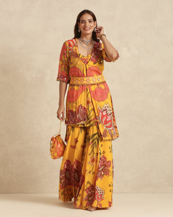 Mustard Floral Indo-Western Set with Embroidered Belt, Flowy Pants & Potli Bag